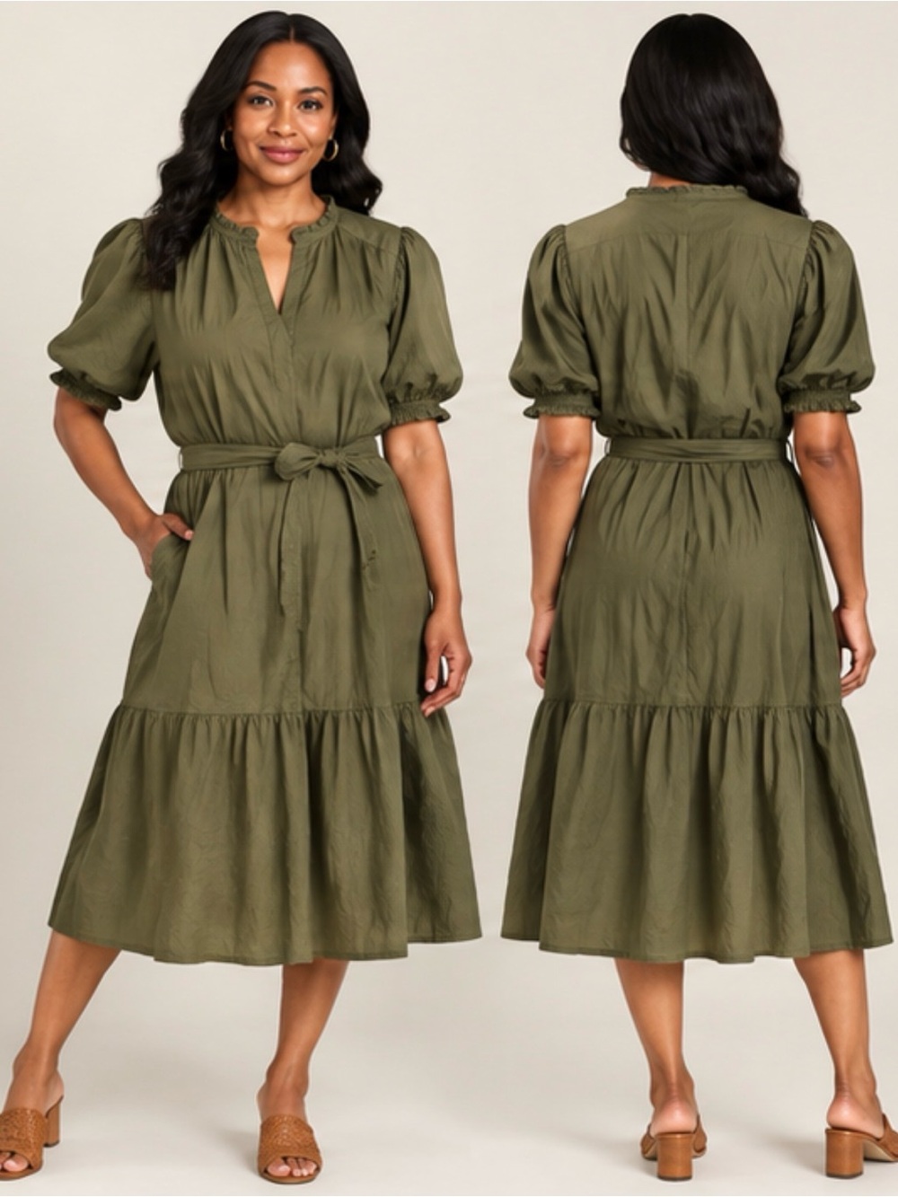 Free Assembly Olive Green 100% Cotton Puff Sleeve Belted Midi Dress XXL
